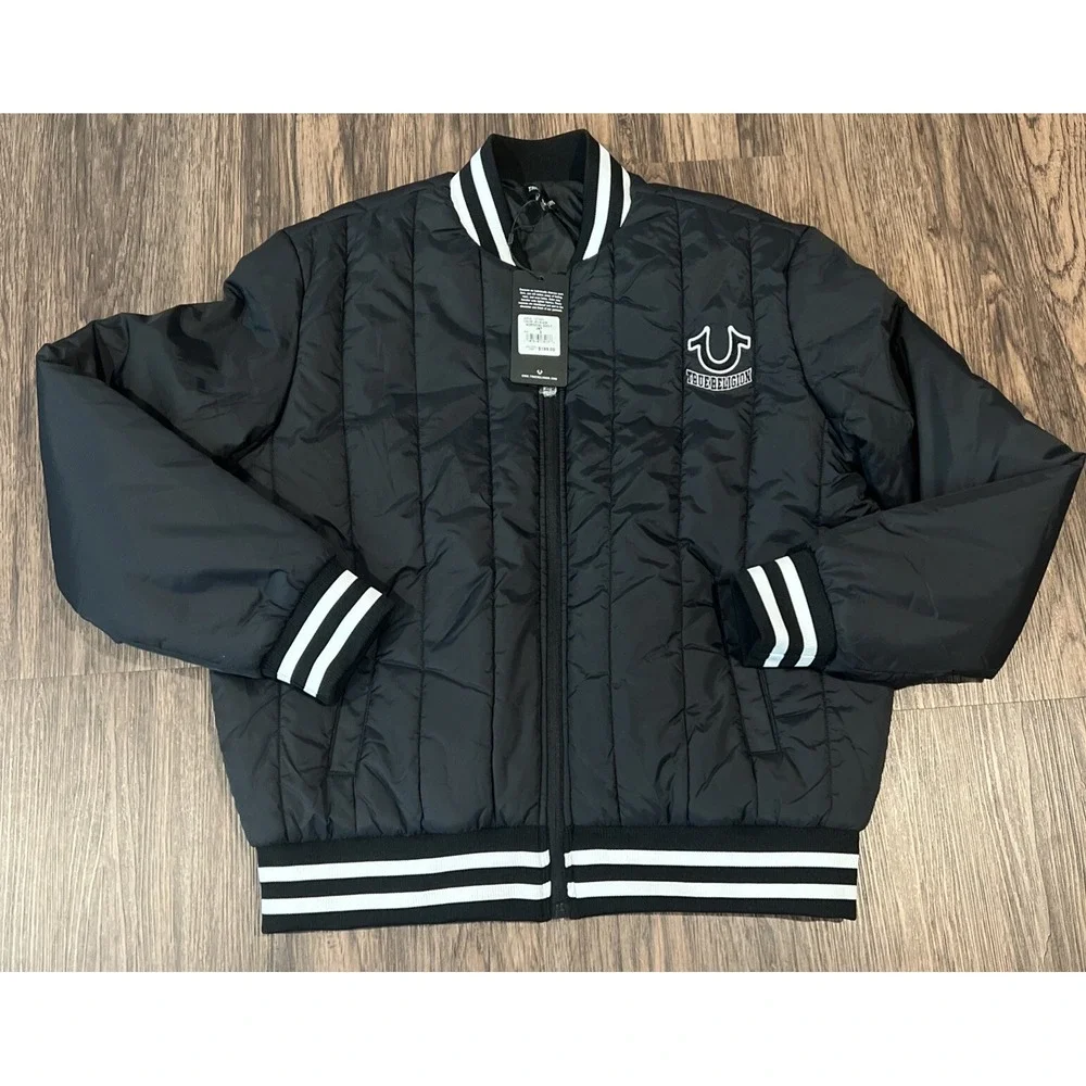 True Religion Jet Black Vertical Quilt Shell Jacket Logo Coat Men's Size S